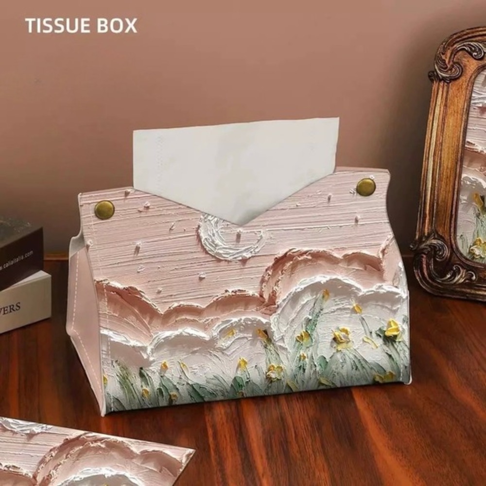 Faux Leather Tissue Box Cover | Textured Floral Art Design | 7.5"x5.5" Foldable